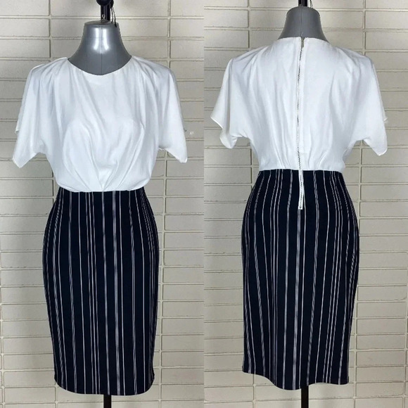 Formal pinstripe black and white short sleeve lightweight dress size small - Picture 1 of 10